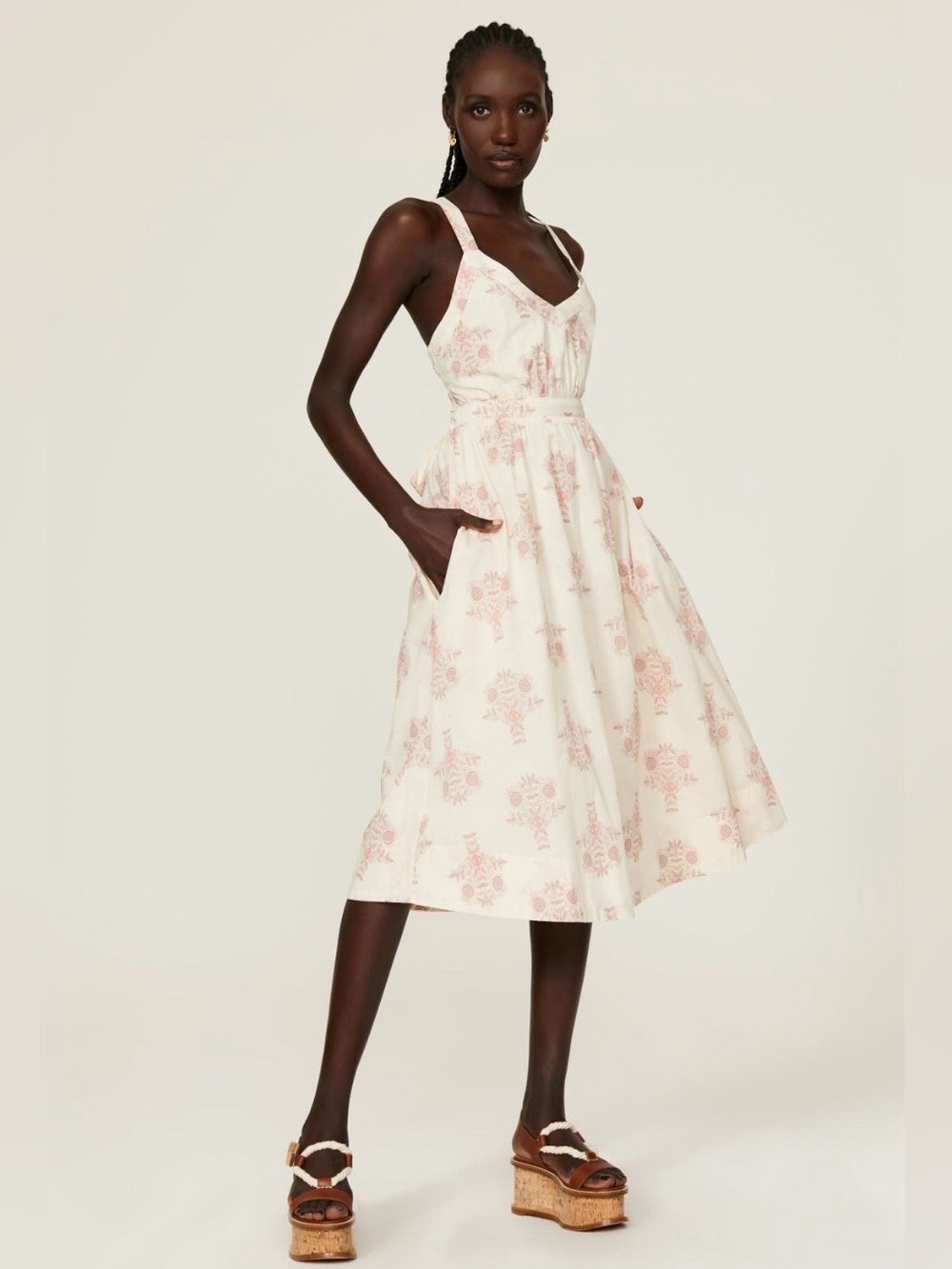 Pamela Love~Cream Midi Tie Back Dress with Pink Floral Print~Size Small~$395~